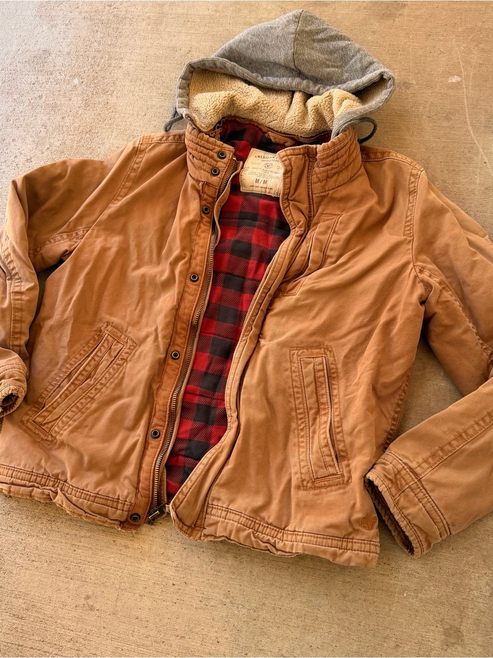 AE Men's Hooded Work Jacket - Brown with Red Plaid Lining